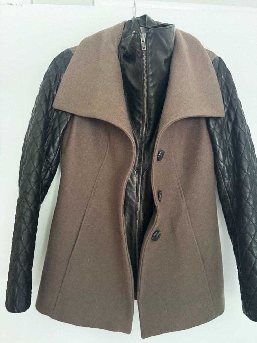 Soïa & Kyo Wool Coat with Quilted Leather Sleeves and Removable Leather Bib